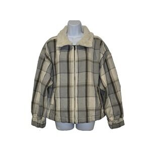 Lucky Brand Men's Fleece Jacket Faux Fur Collar Full Zip Plaid Pockets Size XL